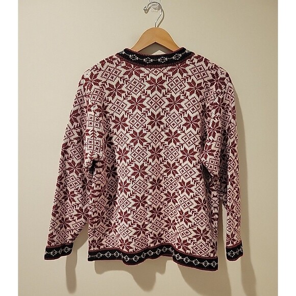 Woolrich Cardigan Sweater Wool Knit Blend Nordic Fair Isle Snowflake Print Red M - Picture 3 of 7